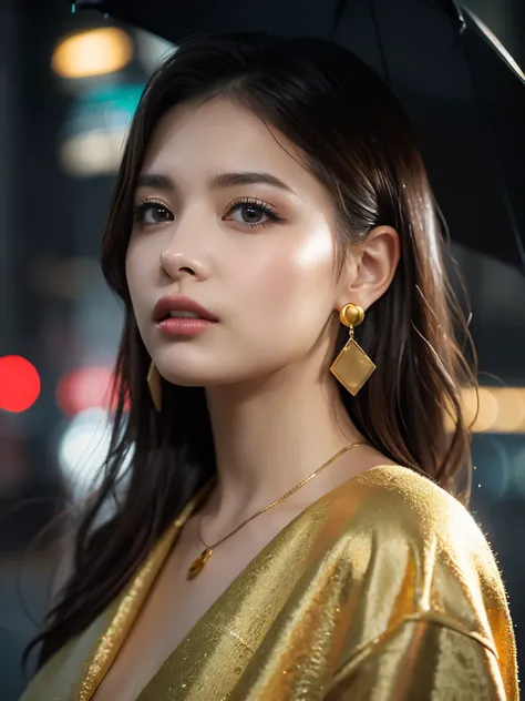 in the rain、Gold tattoo on a girl with gold earrings, In the style of vray tracing, Then Martin, Famous, Poured, close, Dark white and gold, Speed Painting, masterpiece, Highest quality,