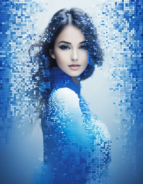 Beautiful woman in blue gradient dissolving pixel wall&#39;of the head，3D Voxel Blocks，A structure that was initially intact but gradually disintegrated in the air，Sunlight shines through the hollowed-out，Background holographic universe