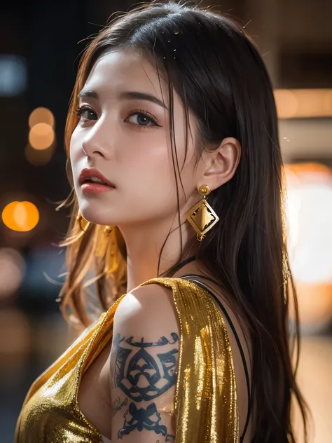 in the rain、Gold tattoo on a girl with gold earrings, In the style of vray tracing, Then Martin, Famous, Poured, close, Dark white and gold, Speed Painting, masterpiece, Highest quality,