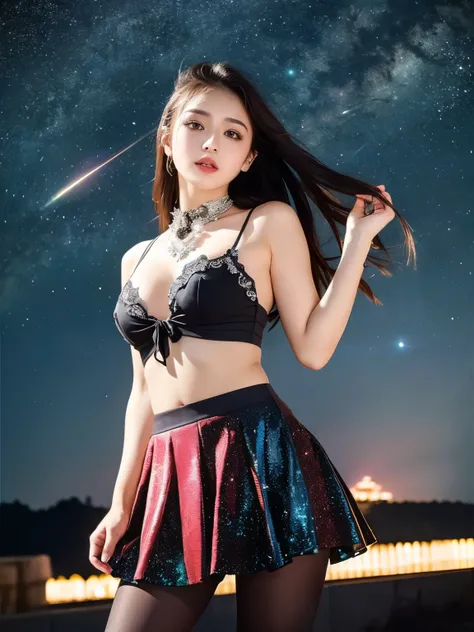 (((masterpiece))), (((Highest quality: 1.4))), ((Super detailed: 1.4)) ,starry skies、A captivating beautiful girl、Phenomenal good looks、Beautiful appearance、Popular Idols、starry sky focus、Ultra-realistic pantyhose、flare skirt、Bare thighs!!!