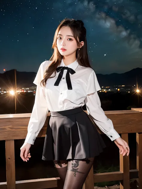 (((masterpiece))), (((Highest quality: 1.4))), ((Super detailed: 1.4)) ,starry skies、A captivating beautiful girl、Phenomenal good looks、Beautiful appearance、Popular Idols、starry sky focus、Ultra-realistic pantyhose、flare skirt、Bare thighs!!!