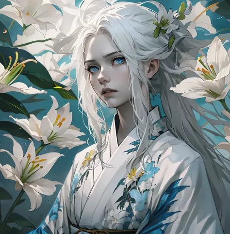 (female, long white hair, white kimono with lilies, white skin, blue eyes, death, battle fan, skinny, pronounced cheekbones, jap...