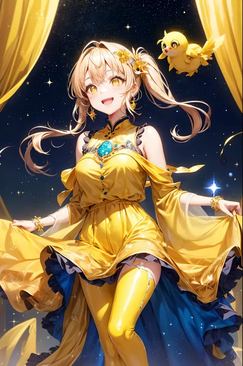 ((Highest quality)), ((masterpiece)), (detailed), One girl, Anime Style、Yellow hair color、Cute hairstyle、Rin々New eyes、Fantastic Background、Soap bubbles are flying、Stars twinkle水晶玉が飛んでいる、((Wearing lots of shiny jewelry))Cute hairstyle、((Cute yellow outfit:1...