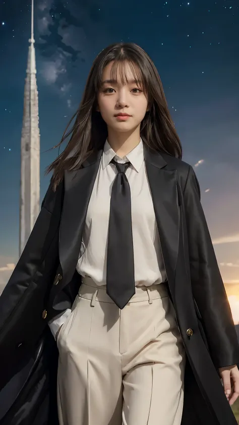 ((Masterpiece, best quality, very detailed), Volumetric light, surrounding occlusion, Rich and colorful, glow), 1 woman, lonely, young girl, (Brown bangs), long hair, radius, radius, sacred, goddess, Priesthood, (ฺBlack long suit coat with a white shirt an...