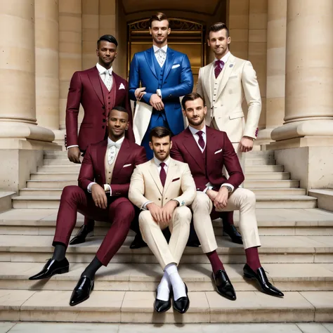 full view full body, three High end white european dapper guys with ugly big strong snouts, wearing the best hype finest dapper suits and finest elegant dress shoes and finest thinest burgundy dress socks, dapper jewelery and rings, sitting on big stairs, ...