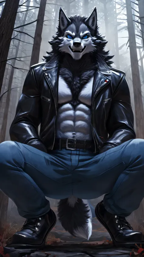 Posing, 1male, 30 years, beautiful, eyeliner, happy expression, black leather jacket, The second, lobo ears, (black fur:1.5), lobo, forest background, 8k, anything, (Best Quality, masterpiece), (lobo Tail:1.5), detailed skin, alone, neck, blue jeans, blue ...