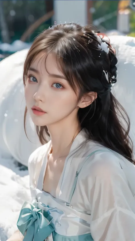 (best quality, 8k, 32K，The details are very clear.),realistic, high resolution, 1 Japanese woman, lonely, (Lolita clothing)，luxury clothing，For the audience，(upper body，Upper limb)， beautiful eyes, brown hair, round eyes, (Out，Heavy snowfall，Thick fur cape...