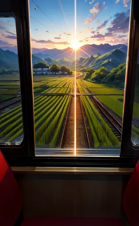 Highest quality、masterpiece、８K、、View from a rural train window、Rice fields and mountains々A continuous landscape。			
The rocking of the train is pleasant、The scenery outside flows by slowly。			
evening、Sunset sky。			