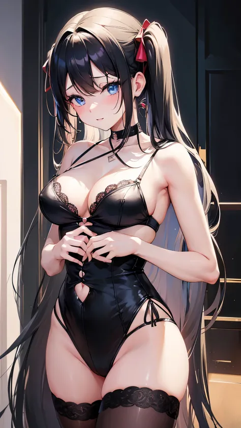 (((anime-style cute face)))、Black hair twin tails、beautiful、blush、Very big blue eyes:1.8、anatomically correct body、Thighs、The face is bright、Professional Lighting、Cute beautiful breasts、(Highest quality1.5, Anime artwork, Anime Style, Studio Anime, Very de...