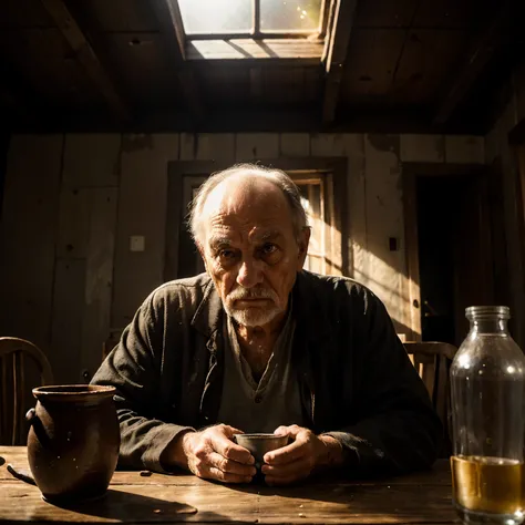 A sad old man with a lost look, pensive, thinks about the people he has lost, lives in an old, dark house, a ray of light shines on his face and he is sitting at a wooden table drinking soup with a lost look.