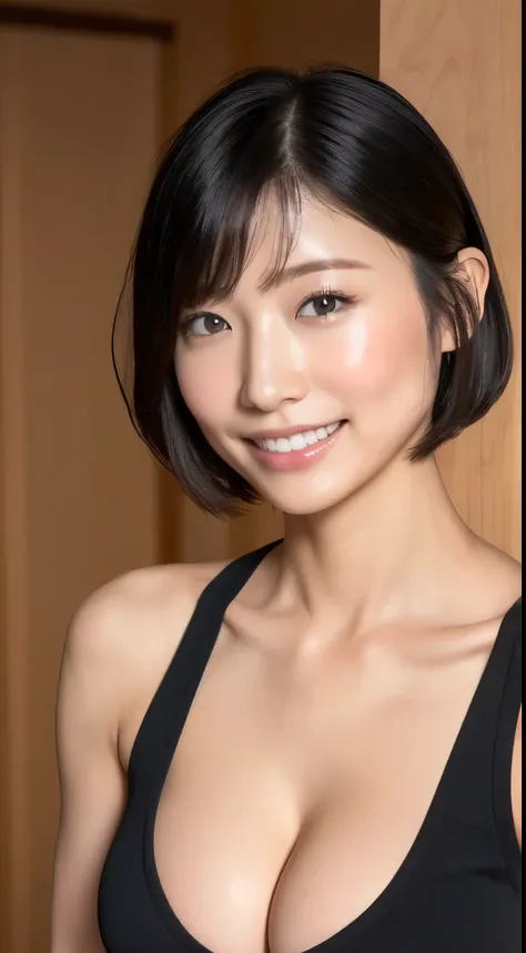 Browsing Caution,((Highest quality, 8k: 1.1)), 1 female,Yoga Teacher, Abdominal muscles: 1.1, Large Breasts,Cleavage、3, Tank top,  Detailed eyes、short hair、I can see the ears、Black Hair, smile, Perfect teeth alignment、blush、Gym、Grab your chest with your ha...