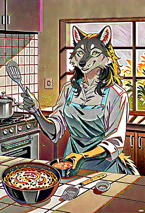 rating_safe, score_9, score_8_up, score_7_up, score_6_up, score_5_up, score_4_up, hires, highres, source_furry, cover page, Cuisine Information Journal(lovers, housekeeper girl, cooking, wolf husband)Newlyweds, kitchen, smile:0.2, perfect anatomy, cinemati...