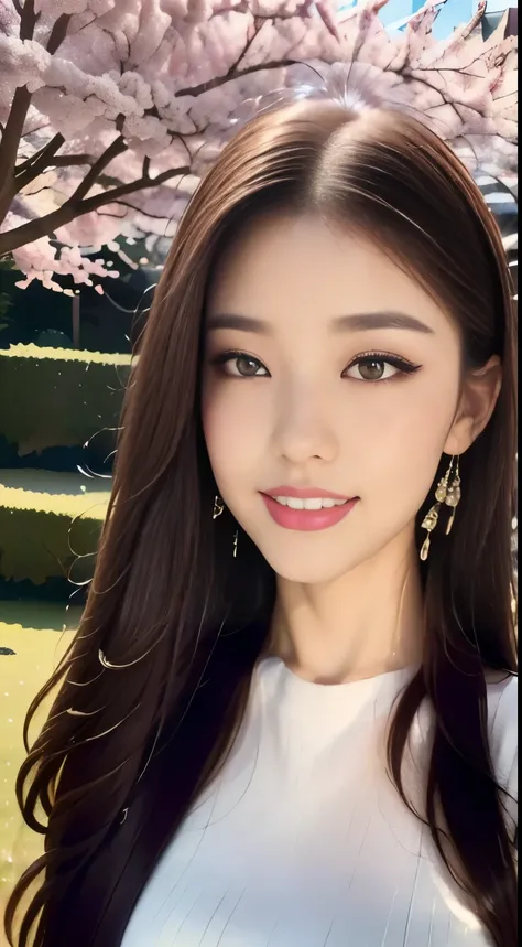 ((Highest quality, 8k, masterpiece :1.3)), One Girl,Red lipstick,Affectionate smile, Beautiful woman, Big Breasts:1.3, Highly detailed face, double eyelid, spring, sunny, nature,garden,cherry blossoms,Looking into the camera,White sleeveless sweater,flare ...