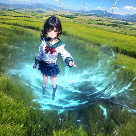 (Ultra HD)、(Full body description)、((Masterpiece))、(Fine skin)、((Delicate face))、Green Wind Energy、View from above、広いMeadow、(((Green Energyボール:1.5)))、Green Aura、Green Energy、girl、JK、(High School Uniform)、Red bow tie、Navy blue uniform、Brown Bob、Calm backgro...