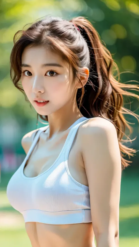 extreme close-up of beautiful beautiful korean female, 34 inch breasts size, wavy hair, wearing sport bra, in the park, crowded is backdrop, UHD