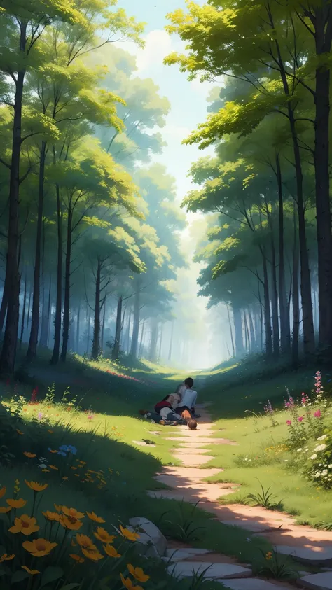 couple lying on the grass, forest with many vibrant flowers, floor , realisitic, 8K Graphics, detailed forest