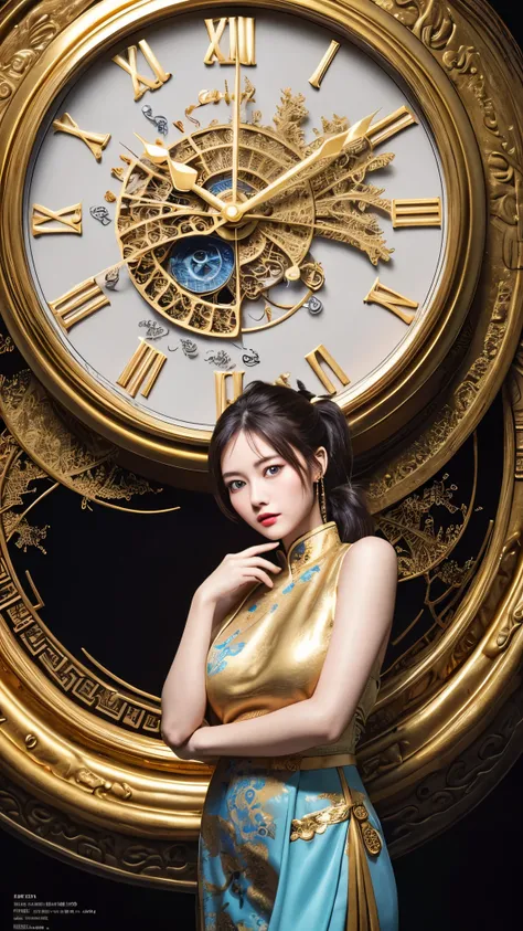 (masterpiece, Highest quality, Highest quality, Official Art, beautifully、aesthetic:1.2), (1 girl:1.3), blue eyes, Gold Ponytail, Model photo poses, Golden Chinese Dress, (Fractal Art:1.2), big clock, Cowboy Shot, 