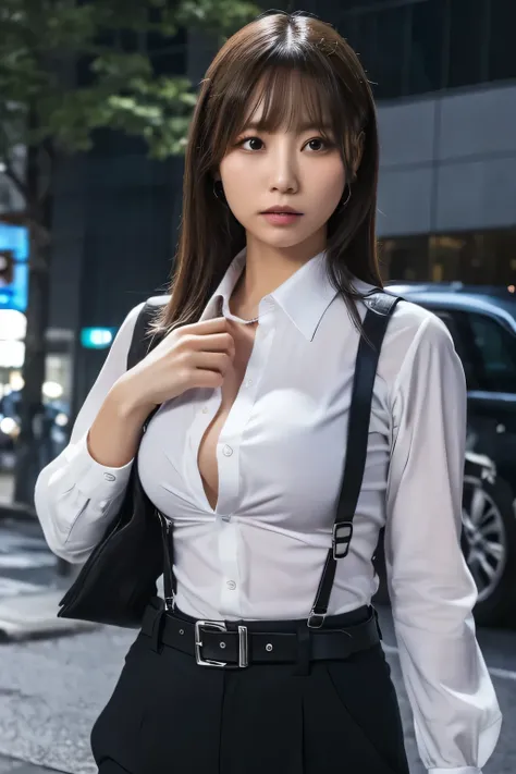 a woman in a suit, belt, hands behind back, sweating, suspenders, black pants, sexly, large breasts, see-through clothing, rain,...