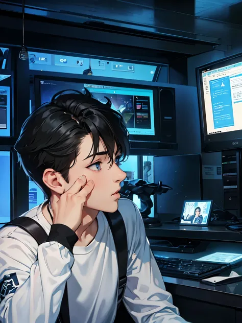 8k, masterpiece, Highest quality, 1 person, male, Young Anime Guy, Short black hair，Blue colored eyes，Mouth closed, Highly detailed face, White shirt, Casual clothing，Spartan room, sitting in front of a computer, Spooky Night,
