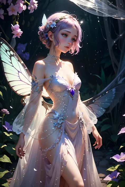 Create an enchanting digital portrait of a young female faerie with short lavender hair and big, expressive violet eyes. Her skin is smooth and pale, with a soft blush on her cheeks, and she has small, glowing freckles scattered across her face. She wears ...