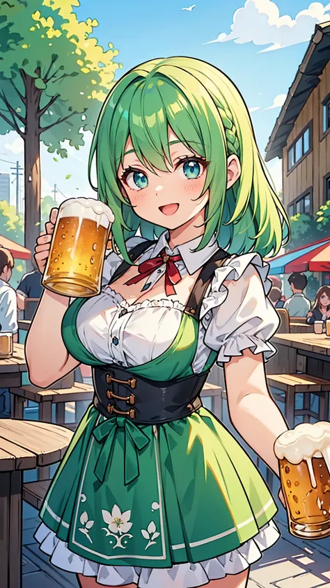 
((A Pretty girl with green hair and blue eyes holding a beer mug)), ((wearing the dirndl)), Baby face, ((top-quality, master piece, ultra-definition, high resolution)), anime girl, ((ultra-detailed illust:1.2)), only one person, bangs, hair between eye, b...