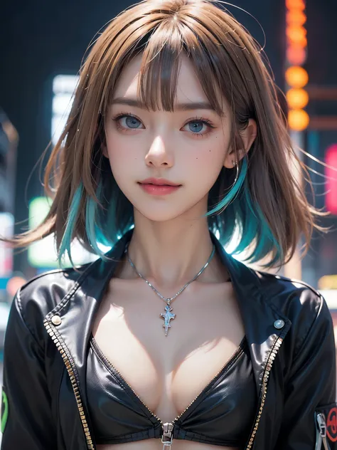 (masterpiece, Highest quality, Highest quality, Official Art, beautifully、beautiful:1.2),Cowboy Shot、 (Cyberpunk Fashion Girl 1)、Smiling girl、Big bright blue eyes、Beautiful belly、（long silver hair with bangs）、Very detailed,(Neon colored fractal art:1.3)、Pe...