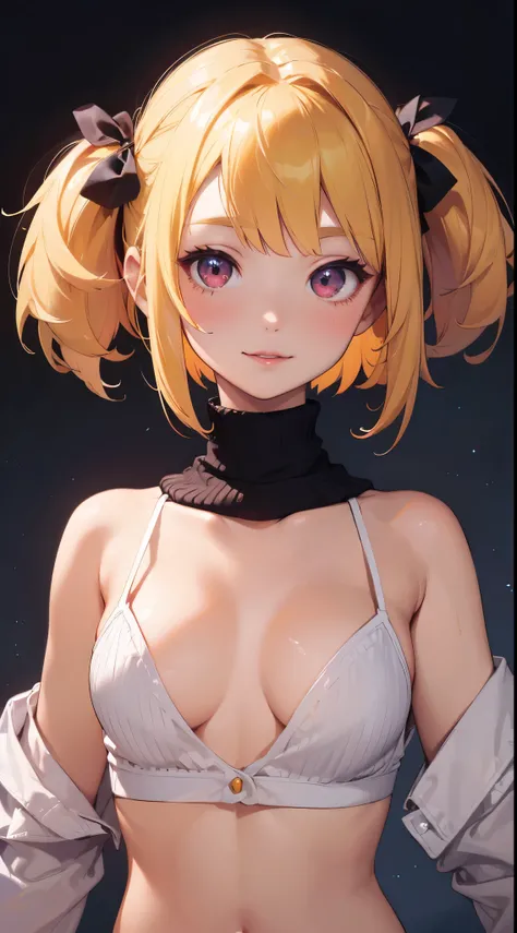 short hair、bangs、Blonde、（Red Eye：1.5）、ヘアribbon、One Side Up、Bobcut、 Shoulder Bare、Twin tails、clavicle、Off-the-shoulder sweater、Barely exposed upper chest、Medium breast、stomach、White panties、ribbon、ショートTwin tails、Smile a little、Highest quality、High resolutio...