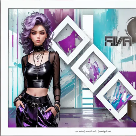 unusual hairstyle with wavy purple and grey tones, black, crop top with transparent long sleeves, High waist leather pants, layered necklaces, bracelet, Hands in pockets, look to the side, Indoor setting with abstract modern art in the background, bright c...