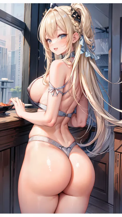 Very detailed、Highest quality、A masterpiece、8k、Blonde Long Hair、Open mouth smiling、Large Breasts、(((Rear View)))、Cowboy Shot、Wearing a thong、is