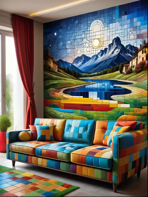 colorful sofa made of mad-tilestyle, in living room, photo of a landscape on the wall (masterpiece:1.2), best quality, (hyperdet...