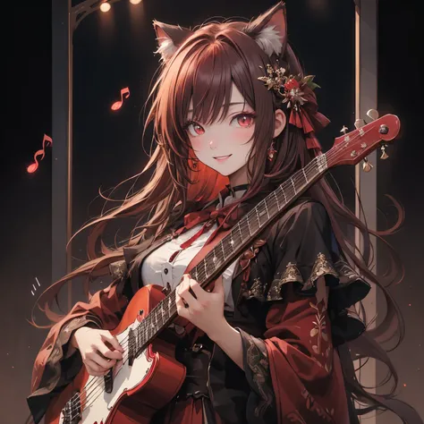 (masterpiece), Highest quality, Ultra-high resolution,Cat ears with a dark red ribbon、,Dark red hair、,Dark red eyes、,Dark red clothing、(Classic:1.3)、(music:1.3)、orchestra、smile、musical instrument