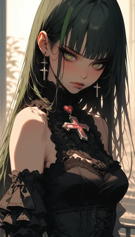 score_9, score_8_up, score_7_up, score_6_up, dark theme，sinozick style sketch
hi7_ge4 original 1girl bangs bare_shoulders black_dress black_hair black_scrunchie blunt_bangs blush breasts brooch closed_mouth colored_inner_hair corset cross-laced_clothes det...