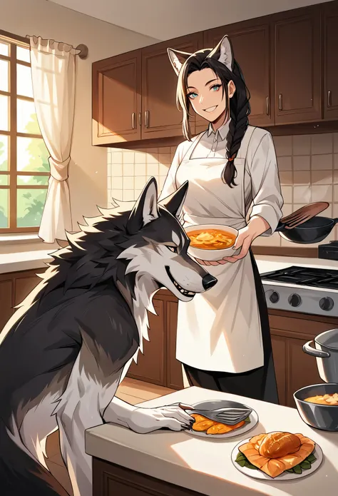 rating_safe, score_9, score_8_up, score_7_up, score_6_up, score_5_up, score_4_up, hires, highres, source_furry, cover page, Cuisine Information Journal(lovers, housekeeper girl, cooking, wolf husband)Newlyweds, kitchen, smile:0.2, perfect anatomy, cinemati...