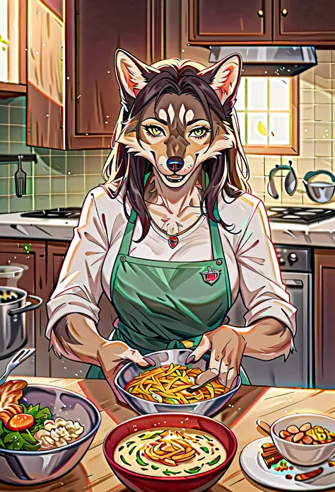 rating_safe, score_9, score_8_up, score_7_up, score_6_up, score_5_up, score_4_up, hires, highres, source_furry, cover page, Cuisine Information Journal(lovers, housekeeper girl, cooking, wolf husband)Newlyweds, kitchen, smile:0.2, perfect anatomy, cinemati...