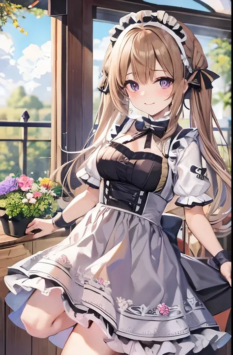 Dark blonde hair in twin tails、Black Ribbon、Large single eye、Purple Eyes、slim、Maid clothes、garden、Flower Field、smile、window、glamorous、bra and panties under dress、university student