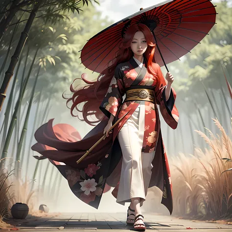 asian woman with long red hair, dark floral kimono with waist sash, wooden heels and a typical oriental umbrella made of bamboo,...