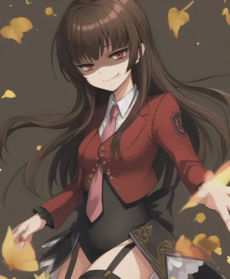 mammon \(umineko\),  long hair, straight hair, red eyes, stakes of purgatory, 1girl, solo, red jacket, cropped jacket, white shi...