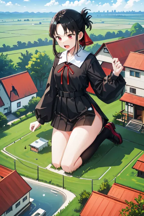 giantess looming over a single house in a field, kneeling, partially obscured, kneeling over a house in a field, one leg obscure...