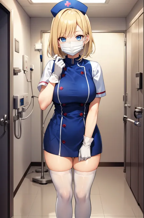 1woman, solo, nurse, white nurse cap, white nurse uniform, ((white legwear, zettai ryouiki)), white gloves, blonde hair, blue eyes, ((white surgical mask, covered nose)), standing, ((hospital room)), sharp outline, short sleeves, mature female, 35yo, best ...