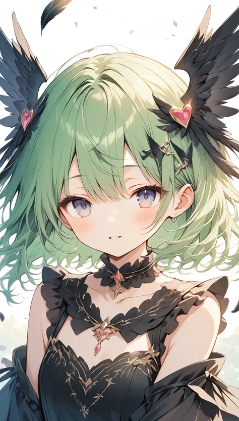 vector art、green hair、cutefallen angel costume、((fallen angel)),tattered black feather,black feather hairpin,((slanted eyes)),to...