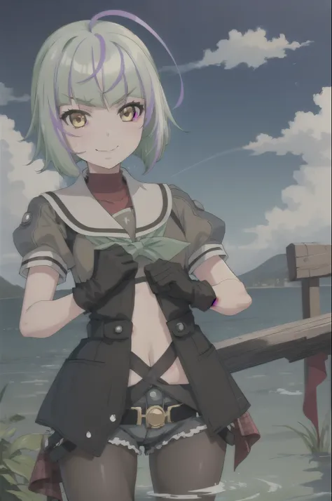 (masterpiece, Highest quality:1.2), alone, One girl, Kutake, smile, View your viewers, Water Play, Ahoge, Bobcut, V-shaped eyebrows, school uniform, Seraphim, Short sleeve, Black gloves, Shorts, pantyhose 