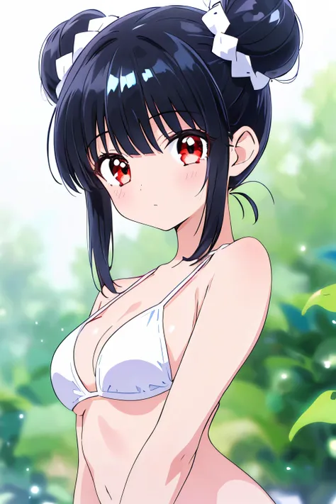 (1girl:1.2),(puff out cheeks:1.2),
red eyes,(slanted eyes:1.2),
(Teen:1.1),
 (medium breasts:1.1),
(white bikini:1.3,barefoot,naked:1.2),
(shiny pitch black hair:1.3),(A loose, fluffy,single Top knot),

upper body,

best quality,Highly detailed,sharp focus...