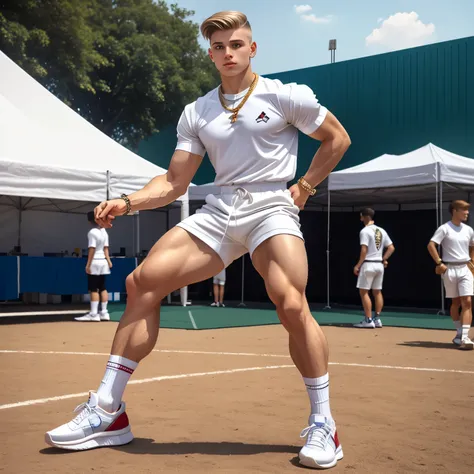 full body view, AR Cute young white european scoolboy with light-brown undercut haircut, in fencing clothes, white socks, hype fashion sneakers and lot of jewelery, at the school fest