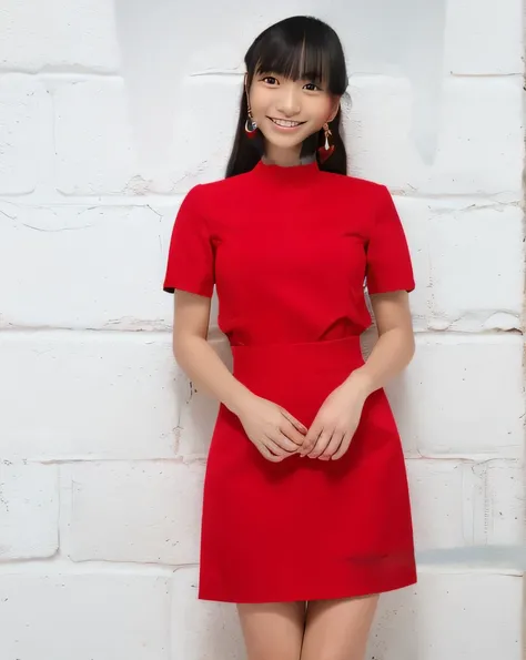 Super detailed,Highest quality,1 female,Standing in a room with white walls,She is wearing a short-sleeved red mini dress,Her hands are clasped together in front of her skirt,Posing for a photo,The background is blurred,Cute earrings