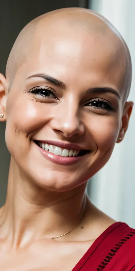 bald woman with Cancer but smiling