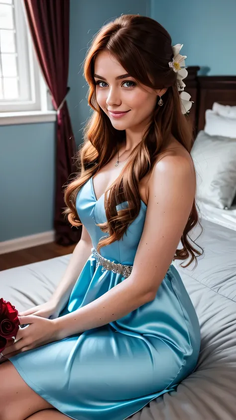 Realistic upper body photo of a red haired flower girl aged 23 with long hair, smile. She sit in front of the camera in a long A-line dress with straps made of shiny lightblue satin..., Bedroom ,Glamour photoshoot, Wedding celebration, perfect anatomy, per...