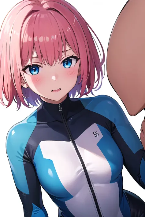 girl,boyish, very short hair, pink Hair, medium Breasts, glossy tight zero suit, Cowboy Shot,blush,sexy face,blue eyes,Tight fit,clearly,Striped pattern, (white background:1.3), aroused face, wariza