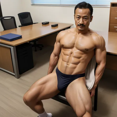 40 years old，Hidetoshi Nakata，（Kogoro Mori 1.3），whole body，Body，rope，tie，Lifting，Lean，muscle，Suit，office，black，sock，transparent，Thick body hair，underwear，Topless，Fortitude，HD，With a mustache