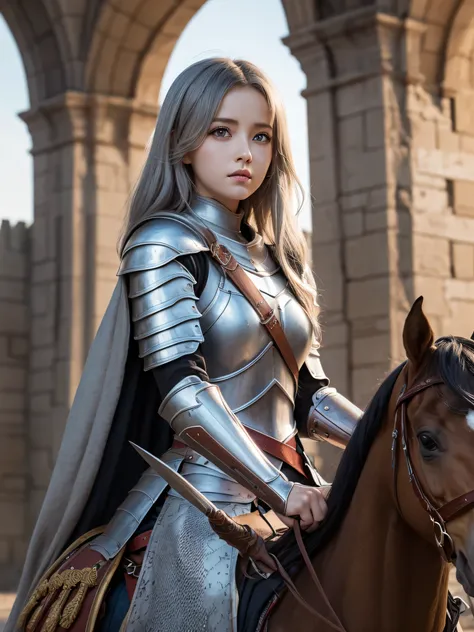 ((masterpiece)), ((best quality)), (ultra-detailed), ((kawaii)), cute, (lovely), ((extremely detailed)), 4K, (8K), best quality, (beautiful), illustration, a pretty woman, solo, female knight on horseback, armored, leaving castle for battle, sword raised, ...