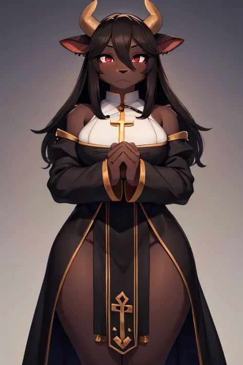 Black skin, minotaur girl, furry, priest clothes, minotaur face, perfect hands